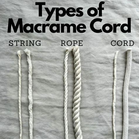 Choosing macrame cord for a project can be overwhelming, especially if you're a beginner. I have a tutorial that explains the types of cord, as well as thicknesses, and the best application for different macrame projects. Click the link to go to the free tutorial. What Size Macrame Cord To Use, Types Of Macrame Cord, Macrame Cord Size Chart, Macrame How To Tutorials, 3mm Macrame Cord Projects, Crochet With Macrame Cord, Macrame Diy Beginners, How To Macrame For Beginners, Macrame Curtain Tutorial