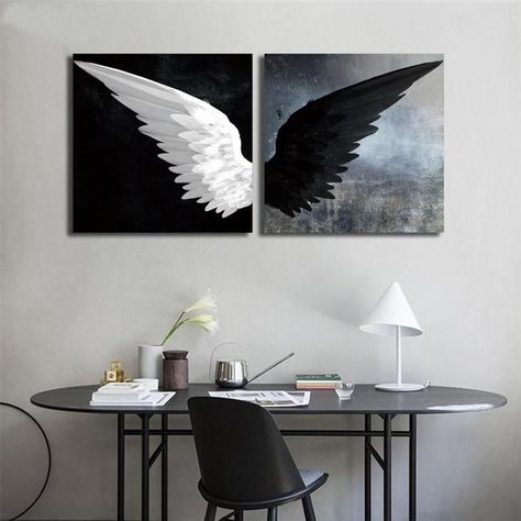 Angel Wings Stretched Canvas Art for Wall Angel Wing Artwork, Wings Artwork, Angel Wings Wall Art, White Paintings, Angel Wings Art, Black Canvas Art, Art For Wall, White Canvas Art, Tafel Decor