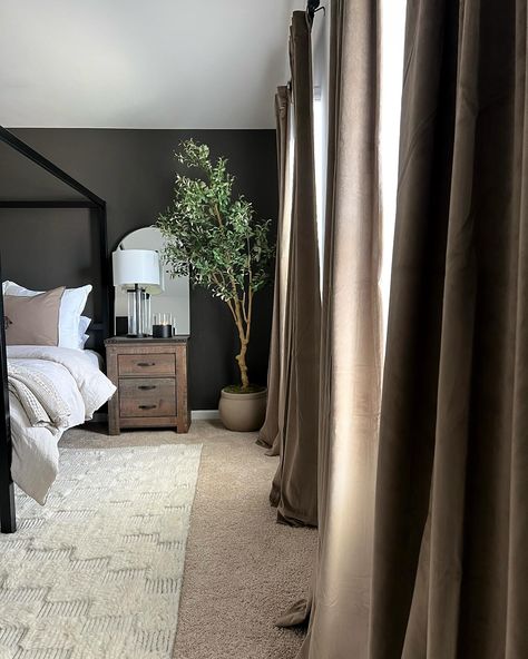 Some bedroom stills because I’m just loving these new views 🤎 A/D I’ve always wanted to try out velvet curtains and Half Price Drapes nailed it with these moody blackout curtains in Denver Taupe. They give such a luxe feel to my bedroom makeover 🙌🏻 Things I loved in shopping with HPD: • Blackout liner • 3 types of headers • 28 colors • Custom options Comment SHOP to get the links AND a 15% discount sent to your DMs! #HPDAtHome #HalfPriceDrapes #WindowTreatments #HomeDecor #InteriorDe... Bedroom With Velvet Curtains, Dark Walls Light Curtains, Dark Room With Curtains, Curtains In Dark Room, Taupe Curtains Bedroom, Dark Room Curtains, Moody Window Treatments, Moody Living Room Curtains, Curtain Wall Bedroom Behind Bed