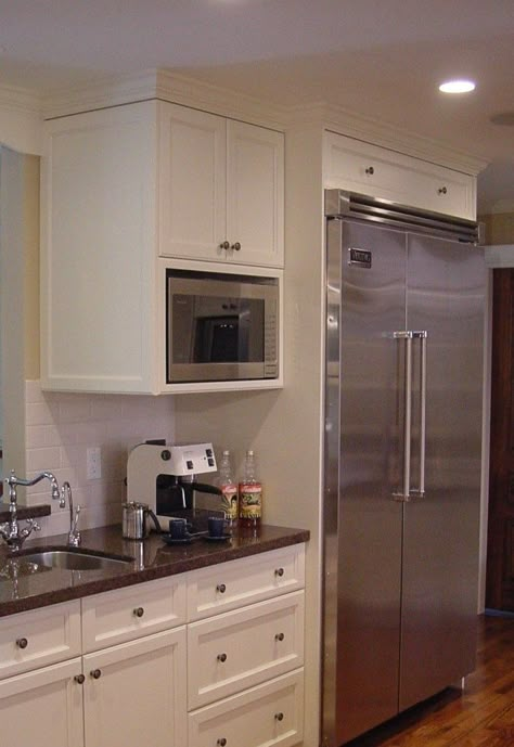 Enclosed Microwave Cabinet, Microwave Shelf In Kitchen, Refrigerator And Stove On Same Wall, Microwave Above Sink, Microwave Placement Ideas, Microwave On Countertop Ideas, Cottage Kitchenette, Kitchen Microwave Shelf, Microwave Shelf Cabinet