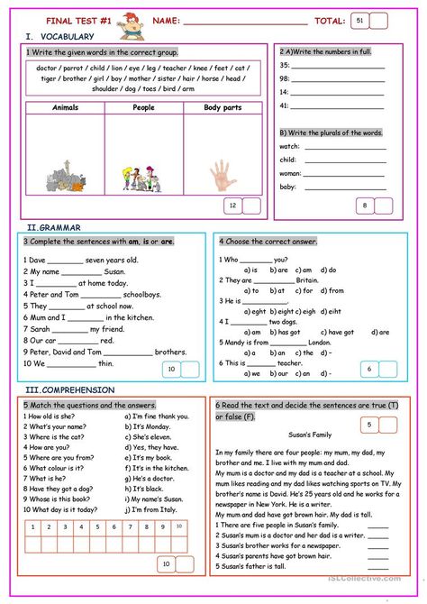 Final Test#1 (Easy) - English ESL Worksheets for distance learning and physical classrooms Grammar Board, Test For Kids, Vocabulary English, Final Test, English Exercises, English Test, Grammar Practice, English Worksheets For Kids, English Verbs