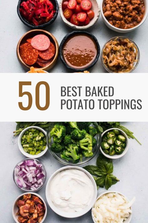 There are so many delicious baked potato toppings to choose from! This extensive list of the 50+ BEST toppings includes meats, cheeses, veggies, sauces and more. Baked Potato Bar Ideas Wedding, Baked Potatoes Bar Toppings, Baked Potato Flight, Potatoe Bar Toppings, Baked Potato Board Ideas, Christmas Baked Potato Bar, Bake Potato Toppings Ideas, Loaded Potato Bar Ideas, Potato Bar Ideas Toppings List