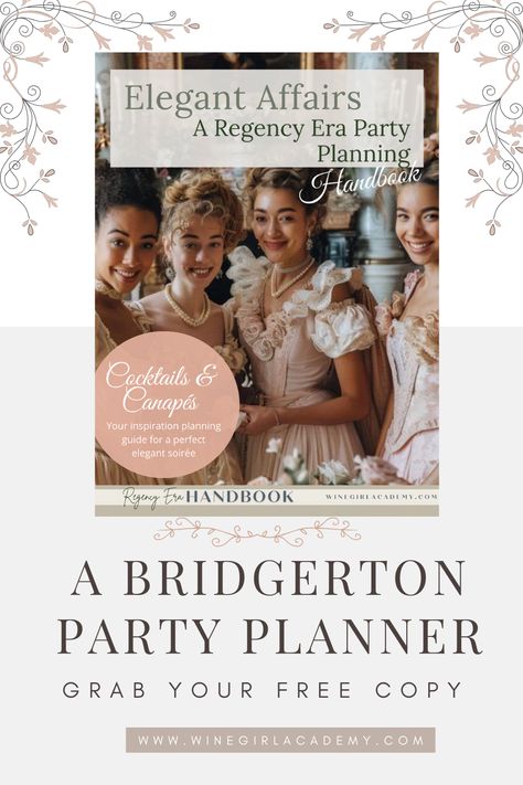 Get ready to easily transform your next gathering into a grand affair with our Bridgerton-inspired hosting guide. Discover how to curate a menu of Regency-era delicacies, craft elegant cocktails, and decorate with aristocratic flair. Download your free guide now for expert tips on recreating the splendor of the Bridgerton series at your next party. Perfect for fans of historical elegance and luxury! 🥂💕 Regency Era Party, Elegant Cocktails, Bridgerton Series, Wine Ideas, Party Planning Checklist, Lady Whistledown, Bridgerton Inspired, Regency Era, Planning Checklist