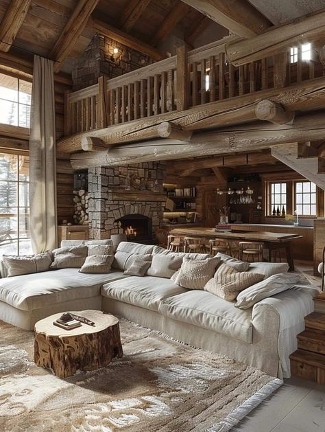 Log Houses Interior Modern, White Cabin House, Cabin Family Room Ideas, Dark And Light Wood Living Room, House Design Diy Projects, Western Log Cabin Interior Design, Log Cabin House Interior, Cabin House Aesthetic Interior, Ranch House Aesthetic Interior