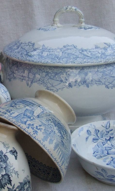 French Blue Transferware - via My French Country Home French China, Blue And White Dishes, Porcelain Dishes, My French Country Home, Blue White China, Blue Cottage, Blue Transferware, All Things Blue, White Dishes