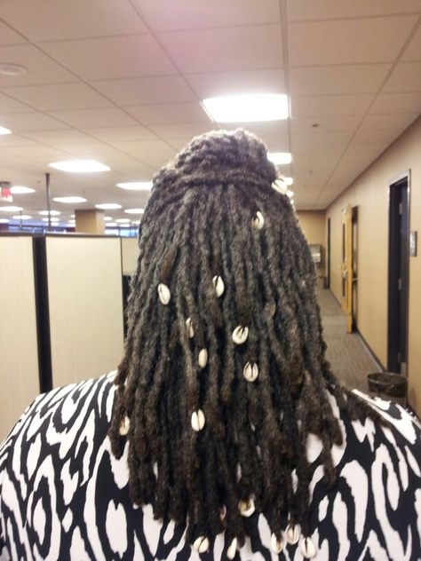 Third Year Anniversary of QUEEN'S LOCS. 10.10.2013  Cowrie Shells Installed by Queen  (Rear View) Locs With Shells, Three Year Anniversary, Loc Inspiration, La Life, Cowry Shell, Loc Jewelry, Loc Journey, Cowrie Shells, Future Style