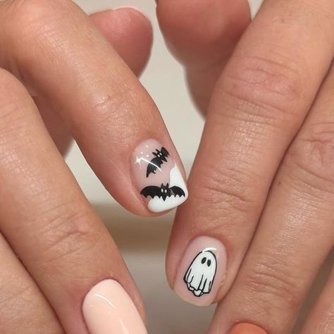 Meg | Luminary + Nail Art on Instagram: "Recreated one of my favorite Halloween sets! 👻 🦇 

We used Oh No and Spiced Latte from @luxapolish for these!
You can use my code MEG10 to save 10%!

#halloweennails #happyhalloween #ghostnails #batnails #handpaintednailart #luminarynailsystems #structuredgelmanicure #coloradonails #coloradonailtech" Neutral Halloween Nails, Neutral Halloween, Bat Nails, Painted Nail Art, Nail Tech, Halloween Nails, Happy Halloween, My Favorite, Nail Polish