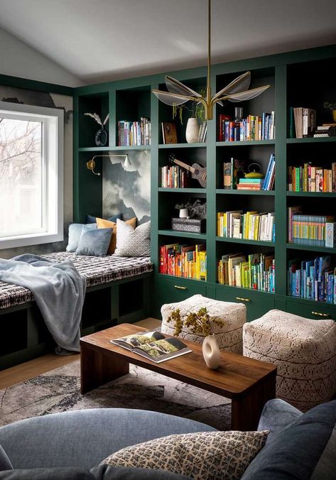 41 Spare Room Ideas So Extra Space Doesn't Go to Waste Cozy Library Room Ideas, Bedroom Library Ideas, Spare Room Ideas, Room Library Ideas, Bookshelf Decor Ideas, Interior Makeover, Home Library Rooms, Apartment Decorating On A Budget, Basement Apartment