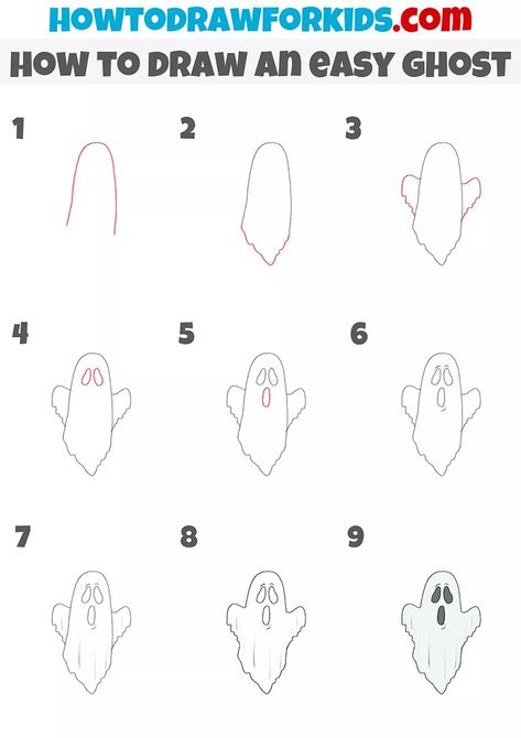 How to Draw an Easy Ghost - Easy Drawing Tutorial For Kids Halloween Painting Ideas On Canvas Easy Ghost, Simple Ghost Doodle, Easy Halloween Drawings Step By Step, Easy Ghost Painting, Halloween Things To Draw, Draw A Ghost, Holiday Drawings, Procreate Practice, Easy Halloween Drawings