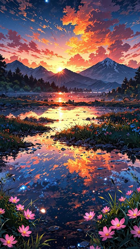 Capturing a breathtaking sunset over a tranquil lake, the sky painted in hues of orange and pink, with a silhouette of mountains in the background, warm and serene color temperature, cosmos lighting with stars twinkling in the sky, the atmosphere is peaceful and reflective. ✫ ━━━━━∙⋆⋅⋆∙━━━━━ ✫ Follow ➠ @tech4vinay.ai and Hit ��🔔☝️ ✫ ━━━━━∙⋆⋅⋆∙━━━━━ ✫ #vibrantlandscapes #fanatasyworld #ailove #aiart #aiartcommunity #visionartai #stablediffusionai #midjourney #tech4vinay #NaturesSymphony #SkyMagi... Colored Pencil Sunset, Wallpapers Tablet, Traditional Sketches, Bible Decor, Room Paintings, Sunrise Mountain, Mountain Silhouette, Fantasy Background, Dreamy Landscapes