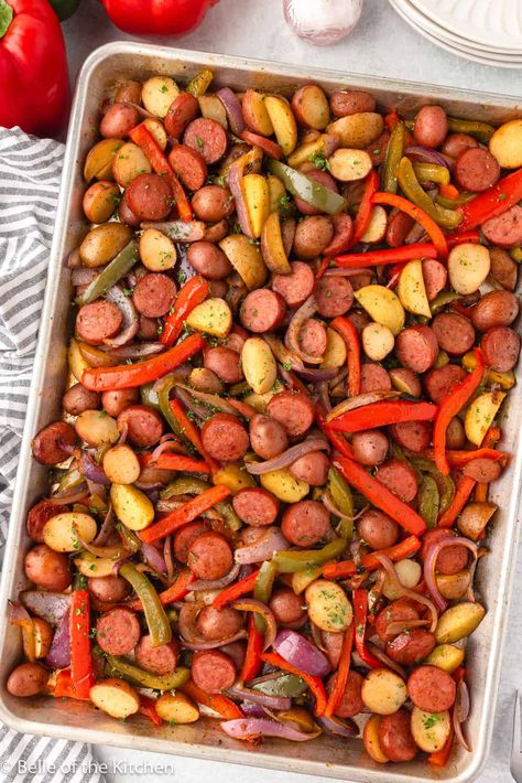 Sheet Pan Sausage, Peppers, and Potatoes Potato Pepper Sausage Bake, Sausage And Peppers Potatoes Oven, Sausage Peppers Onions And Potatoes Sheet Pan, Sausage And Peppers And Potatoes In Oven, One Pan Sausage And Peppers, Smoked Sausage One Pan Meal, Sausage Pepper Potato Sheet Pan, Sausage Potatoes And Peppers Sheet Pan, Cajun Sausage Sheet Pan Dinner