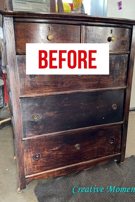 Antique Dresser Makeover Before After Repurposing Old Dressers, Chest Of Drawers Repurpose Ideas, Mixing Modern And Antique Furniture Living Room, Whitewash Dresser Diy, Western Dresser Makeover, Diy Wooden Dresser, Mural Dresser, Dressers In Living Room Ideas, How To Refinish Furniture