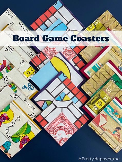 Repurpose old board games by turning them into board game coasters! All you need is an old board game, a ruler, and a utility knife! Game Pieces Repurposed, Board Game Crafts Diy, Diy Game Pieces, Board Games Decorations, Board Game Crafts, Game Board Ideas, Board Game Display, Monopoly Crafts, Diy Leprechaun