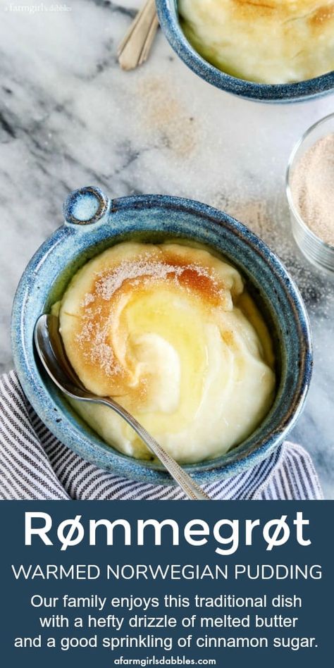 Rømmegrøt is a warmed Norwegian pudding eaten with a drizzle of melted butter and a good sprinkling of cinnamon, a longtime family tradition. #rommegrot #rommegrotrecipe #norwegian #tradition Flan, Norwegian Desserts Easy, Norwegian Traditional Food, Valentine Recipes Easy, Authentic Norwegian Recipes, Whole Milk Dessert Recipes, Scandinavian Recipes Traditional, Norwegian Rommegrot, Norwegian Desserts Traditional