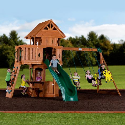 Backyard Discovery Playsets - Woodland Wooden Swing Set #header #features Backyard Playset, Forest Cottage, Wooden Playset, Playset Outdoor, Wood Roof, Wooden Swings, Backyard Playground, Backyard Play, Sam's Club