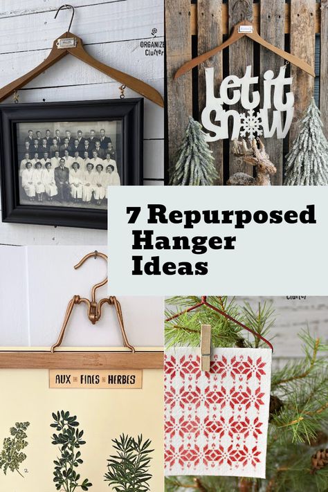 I love using old clothes hangers in decorating projects! See clothes hangers in wall, seasonal and Christmas tree decorations. #upcycle #clotheshanger #photodisplay #rubnbuff #Christmasornament #repurpose Coat Hanger Upcycle, Upcycle Wooden Hangers, Vintage Hangers Repurposed, Wooden Hanger Crafts Projects, Old Wooden Hangers Ideas, Metal Hangers Repurpose, Vintage Wooden Hangers Ideas, Wooden Hanger Crafts, Old Hangers Ideas Diy Projects