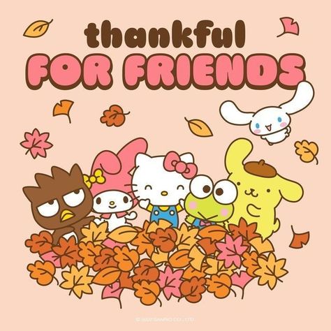 Elf Is Back Ideas, Diy Christmas Decorations For Home, Thanksgiving Background, Thankful For Friends, Thanksgiving Wallpaper, Hello Kitty Themes, Hello Kitty And Friends, Hello Kitty Christmas, Sanrio Wallpaper