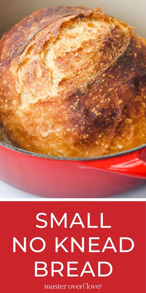 Small crusty loaf of bread in a red dutch oven. No Knead Bread Small Batch, Mini Dutch Oven Bread, Small Loaf Artisan Bread, 2 Quart Dutch Oven Bread, Bread Cooked In Dutch Oven, Homemade Bread For Two, The Practical Kitchen Small Batch Crusty Bread, Small Artisan Bread Recipes, Pie