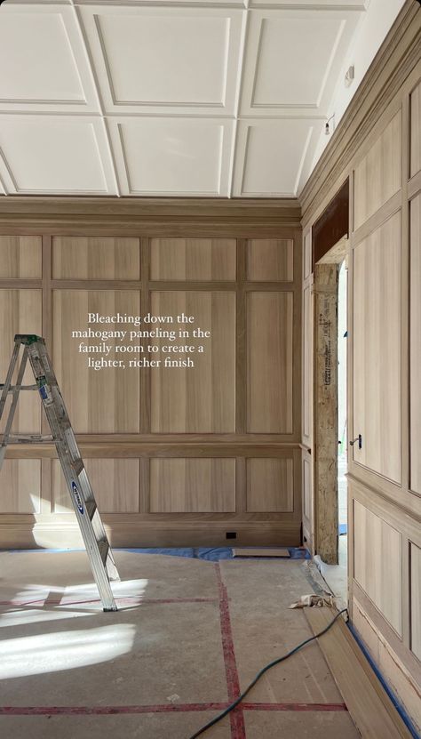 Two Story Paneled Wall, Paneled Wall With Window, Ornate Board And Batten, Muriel Brandolini Interiors, Basement Wall Treatments, White Wood Paneling Walls, Wainscoting In Basement, Wood Trim On Ceiling, Office With Wood Paneling