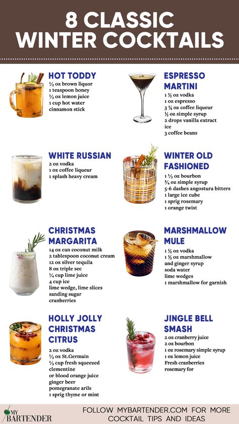 Winter Cocktails Cute Holiday Drink Ideas, Classic Christmas Drinks, Acholic Beverages Christmas, Easy Cocktail Recipes Christmas, Holiday Drinks Recipes, Winter Themed Alcoholic Drinks, Drinks Alcohol Recipes Christmas, Holiday Manhattan Cocktail, Winter Bar Drinks