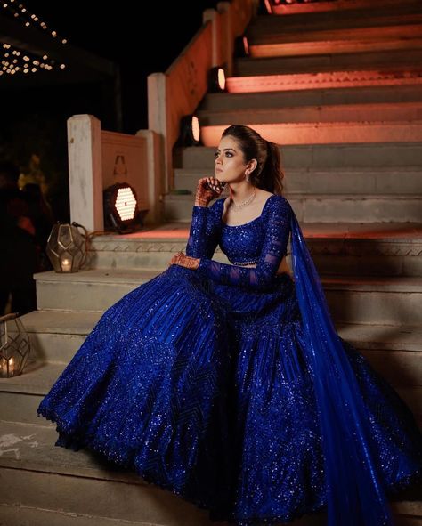 Electric Blue Lehenga – Panache by Sharmeen Long Sleeve Wedding Lehenga Indian, Full Hand Lehenga Design, Sangeet Dress Ideas For Bride, Lehenga For Indian Wedding, Bright Blue Lehenga, Sangeet Lehenga For Bride Blue, One Shoulder Lengha Blouse, Indian Wedding Sangeet Outfit, Poses In Lehenga At Night