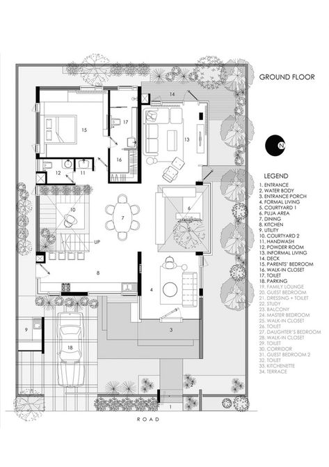 The Bungalow Has Striking Inclined Wall Which Adds Dynamism | Crest Architects - The Architects Diary Architect Plans House, Villa Layout Plan Design, Mos Architects, Villa Design Architecture Plan, Bungalow Plan, House Elevations, Modern Contemporary House Plans, Duplex Floor Plans, Plan Villa