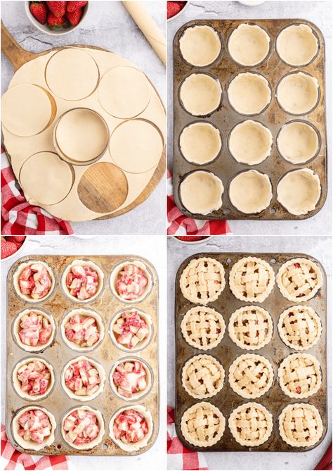 Strawberry Rhubarb Mini Tarts, Mini Rhubarb Tarts, Mini Rhubarb Pies, Mini Strawberry Rhubarb Pie, Strawberry Mini Pies, Strawberry Rhubarb Tarts Recipe, Strawberry Rhubarb Cookies, Strawberry Rhubarb Tarts, Strawberry Rhubarb Hand Pies