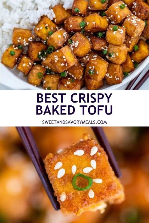 a plate with rice and best crispy baked tofu and chopsticks holding a piece of baked tofu garnished with sesame seeds and green onion Baked Tofu Recipes, Tofu Recipes Baked, Vegetarian Recipes Tofu, Crispy Baked Tofu, Savory Meals, Make Ahead Lunches, Baked Tofu, Best Dinner Recipes, Tofu Recipes