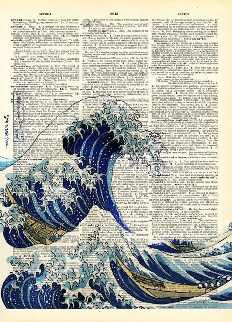 Poster Grafico, Japanese Wave, Newspaper Art, Book Page Art, The Great Wave, Japanese Waves, Japon Illustration, Dictionary Art, Great Wave Off Kanagawa