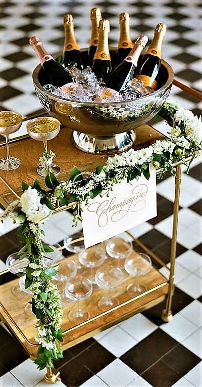 image Wedding Bar Cart, Decoration Buffet, Winter Bridal Showers, Red Bouquet Wedding, Bar Cart Styling, Champagne Bar, Garden Wedding Venue, Asheville Wedding, Wedding Drink