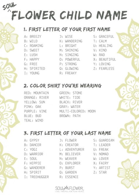 Your Flower Child Name | Hippie Name Generator | Soul Flower Blog Funny Name Generator, Hippie Names, Old Fashioned Names, Fairy Names, Baby Name Generator, Interesting Thoughts, Fantasy Names, Name Games, Funny Names