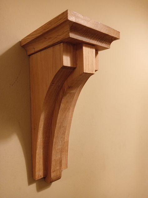 These are handcrafted Solid oak corbels which feature rustic styling, with coved capping.  A decorative feature which can be used for shallow depth shelving, fireplace embellishment or hallway decoration. The recessed hanging brackets give easy and secure wall hanging options. *The listing is for 2 corbels* Diy Wood Corbels, Craftsman Corbels, Wood Corbels Diy, Shelving Fireplace, Shelf Corbels, Old Style House, Timber Frame Porch, Hallway Decoration, Corbel Shelf