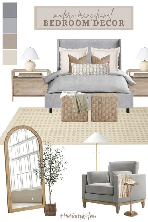 Bedroom decor ideas with neutral tones! Modern Transitional bedroom mood board Grey Headboard With Beige Bedding, Natural And Grey Bedroom Decor, Gray Bed Headboard Decor, Grey Master Bedding Ideas, Gray Bedroom Walls Master Suite, Bedroom With Gray Upholstered Bed, Grey Apolstered Headboard Bedroom, Light Gray And Beige Bedroom, Blue Grey White Beige Bedroom