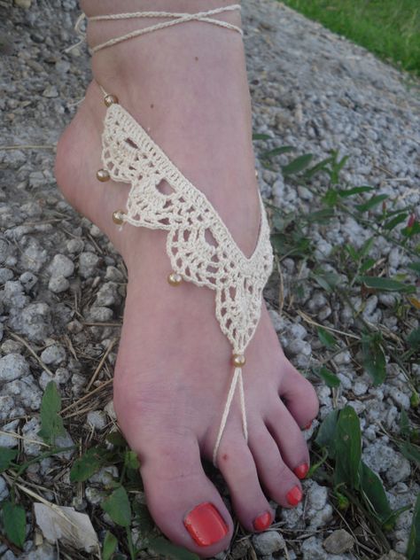 Free Shipping Handmade Crochet Barefoot Sandals by Serbiangirl                                                                                                                                                      More Crochet Barefoot Sandals Free Pattern, Barefoot Sandals Pattern, Barefoot Sandals Crochet Pattern, Beaded Foot Jewelry, Crochet Barefoot Sandals, Diy Sandals, Hippie Crochet, Barefoot Sandal, Crochet Sandals