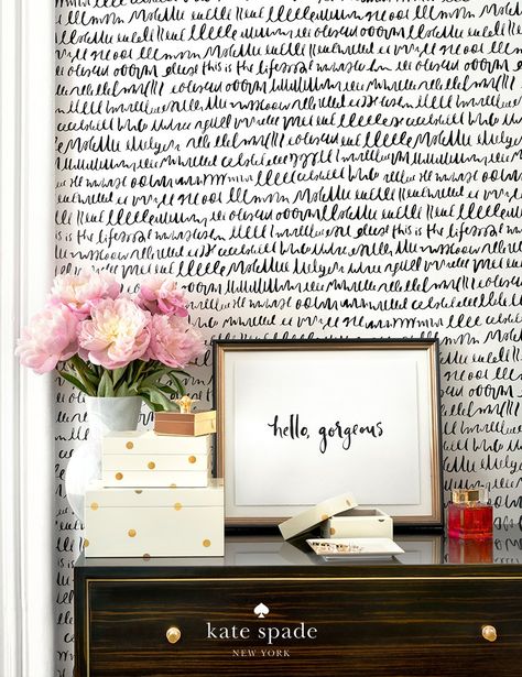 Kate Spade Inspired Office, Kate Spade Bedroom, Scribble Wallpaper, Rustic Boys Room, Feminine Space, Meaningful Phrases, Hobby Lobby Decor, Photo Collage Wall, Gallery Wall Bedroom