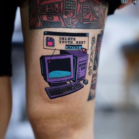 tattoo Pc Tattoo, Computer Tattoo, Tech Tattoo, Nerd Tattoo, Vintage Computer, Tattoo Project, Time Tattoos, Dope Tattoos, Mini Tattoos