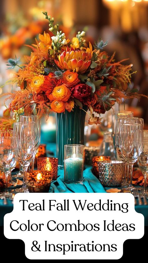 A beautiful teal and burnt orange fall wedding centerpiece with matching teal bridesmaid dresses and autumnal decor. Teal Green And Burnt Orange Wedding, Teal And Orange Color Palette Wedding, Teal And Burnt Orange Table Setting, Teal And Burnt Orange Centerpieces, Teal And Gold Wedding Centerpieces, Teal And Orange Table Setting, Dark Teal And Burnt Orange Wedding Centerpieces, Teal And Gold Flowers, Teal Autumn Wedding