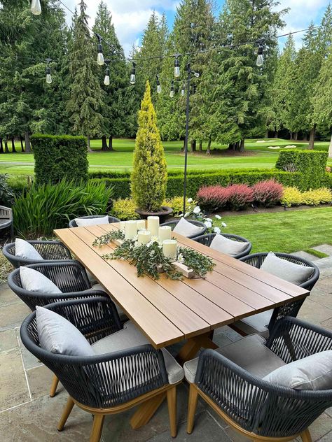 PRICES MAY VARY. All-weather teak dining table set: Includes 1 rectangular table (80.71"L x 38.39"W x 29.53"H), 8 chairs (19.69"W x 19.69"D x 29.92"H, 16.54"SH) with 8 seat cushions and 8 back pillows. High-quality materials: Outstanding teak-finish powder-coated aluminum frame and table top are rust-resistance and durable, provide powerful support. The weight capacity of each chair is 350 lbs. Unique style: Backrest of chair is decorated with parallel weaving rattan rope, which is more durable Wicker Outdoor Furniture, Outdoor Dining Table Setting, Pool Lounge Chairs, Rope Decor, Garden Deck, Backyard Kitchen, Outdoor Wicker Furniture, Deck Garden, Backyard Patio Designs