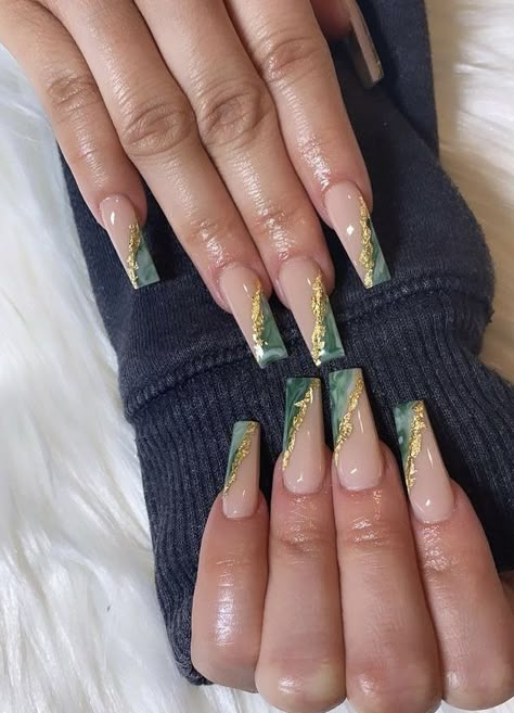 Dark Green Nails Medium Length, Good And Green Nails, Ballerina Green Nails, Emerald Green Nails With Gold French Tip, Emerald Green White And Gold Nails, Emerald Green Nails Square Short, Prom Nails Acrylic Emerald Green, Dark Green Birthday Nails, Emerald Green And Gold Nails Acrylic Prom