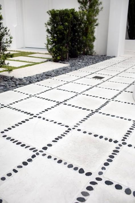 Concrete Pavers with Black River Rocks - Cottage - Deck/patio Large Concrete Pavers, Black River Rock, Concrete Patio Ideas, Sunken Patio, Beach Mansion, Paver Designs, Concrete Patio Designs, Tiled Floor, Add Value To Your Home