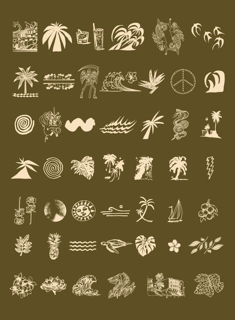 Download tropical vector ornaments Coastal Graphic Design, Tropical Packaging, Tropical Graphic Design, Escape Logo, Hawaiian Symbols, Tropical Branding, Sand Logo, Beach Fonts, Tropical Logo