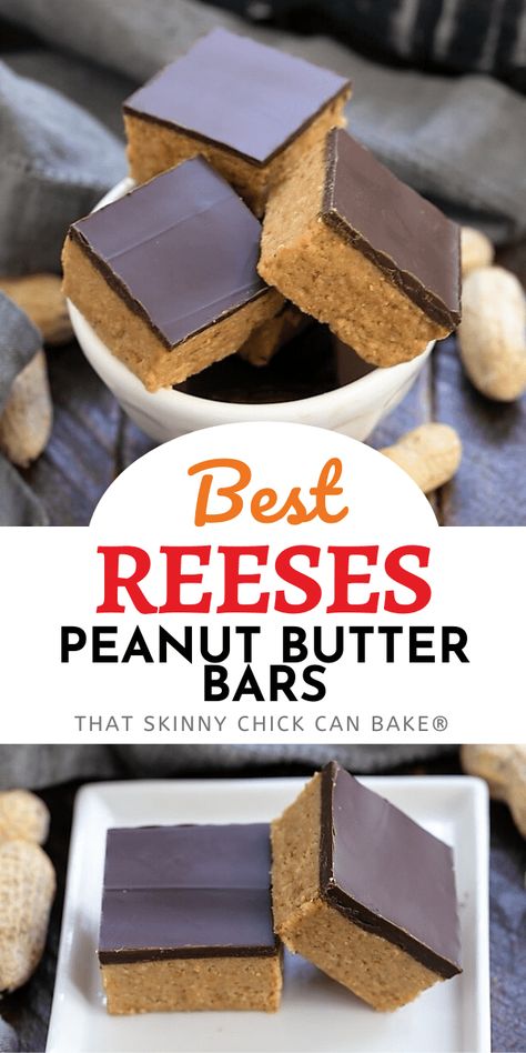 Better Than Reese's Peanut Butter Bars - Easy No-Bake Peanut Butter Bars that provide your Reese's fix!!! #Reeses #peanutbutterbars #Reesesbars #peantubutterdessert #barcookies #nobake #thatskinnychickcanbake Reeses Peanut Butter Recipes, Reese’s Recipes, Reeses Peanut Butter Bars Recipe, Reese’s Peanut Butter Bars, Diy Reeses, Baking Recipes Sweet, Reeses Desserts, Reese's Peanut Butter Bars, Reese's Recipes