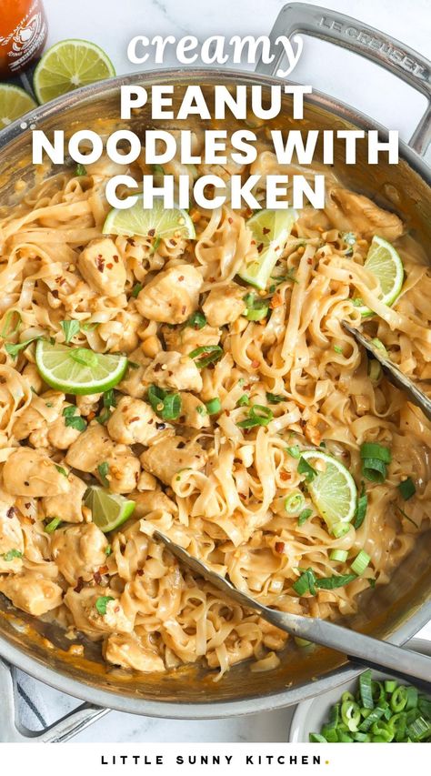 Creamy Peanut Noodles with Chicken are delicious and easy! Chicken and noodles in a rich flavorful peanut sauce are ready in 25 minutes. Creamy Peanut Noodles With Chicken, Creamy Peanut Butter Recipes, Peanut Noodles Recipe Chicken, Thai Peanut Noodles With Chicken, Asian Chicken And Noodles Recipe, Creamy Peanut Noodles, Thai Peanut Chicken Noodles, Chicken With Noodles Recipes, Peanut Thai Noodles