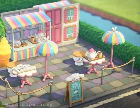 Animal Crossing Simple Panel, Cinnamoroll Cafe, Acnh Terraforming, Anch Ideas, Acnh Kawaii, Fairycore Island, Animal Crossing Cafe, Pink Island, Dynamic Painting