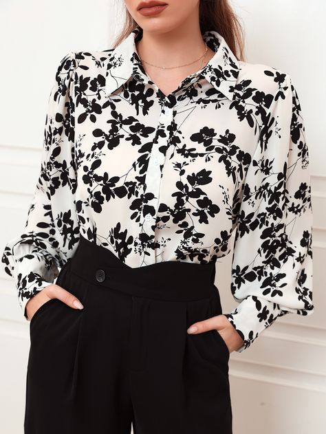 Floral Shirt Outfit, Black Floral Shirt, Ladies Chiffon Shirts, Floral Shirt Women, Fancy Shirt, Women Floral Blouse, Chiffon Floral, Floral Print Shirt, Black And White Blouse