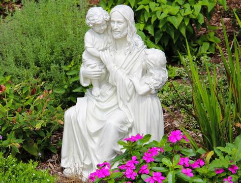 Jesus and the Children Garden Statue Jesus Statue, Jesus Statues from Catholic Faith Store (28", Stone) Prayer Garden Ideas, Mary Assumption, Garden Shrine, Jesus And The Children, Catholic Garden, Biblical Garden, Marian Garden, Children Garden, Container Roses