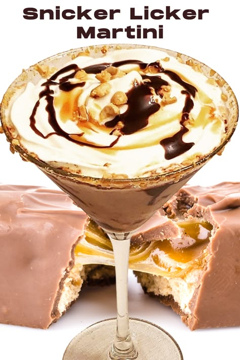 Snicker Licker Martini, New Drink Ideas, Snickers Drink, Yummy Mixed Drinks, Creamy Martini, Snickers Martini, Drinks To Make With Titos Vodka, Seasonal Martinis, Snickers Cocktail