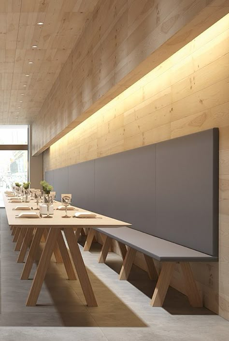 Trestle by John Pawson... Back to Basics - Viccarbe presents its new Bench Seating System and Matching Table #wood Minimal Restaurant Design, Minimalist Restaurant Design, Concept Restaurant, Simple Bench, Architecture Restaurant, Wall Bench, Café Design, Custom Bench, John Pawson