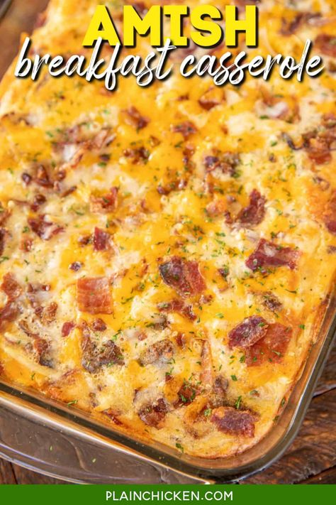 Cheesy Amish Breakfast Casserole - Plain Chicken Amish Breakfast Casserole Cottage Cheese, Amish Breakfast, Amish Breakfast Casserole, Canned Salsa, Egg And Cheese Casserole, Rolls Bread, Bread Biscuits, Breakfast Casserole Bacon, Sausage Hash