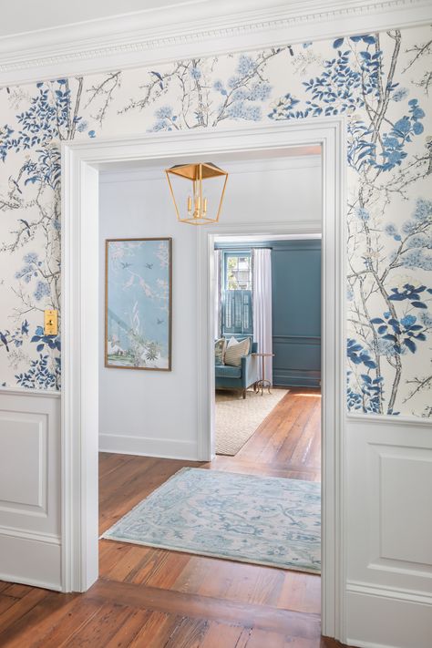 Powder Blue Entryway, Botanic Home Decor, French Blue Interior Design, House With Wallpaper, Wallpaper In Open Floor Plan, Charleston Sc Decorating Style, Foyer With Wallpaper, Charleston Houses Interior, Coastal Grandma Interior Design